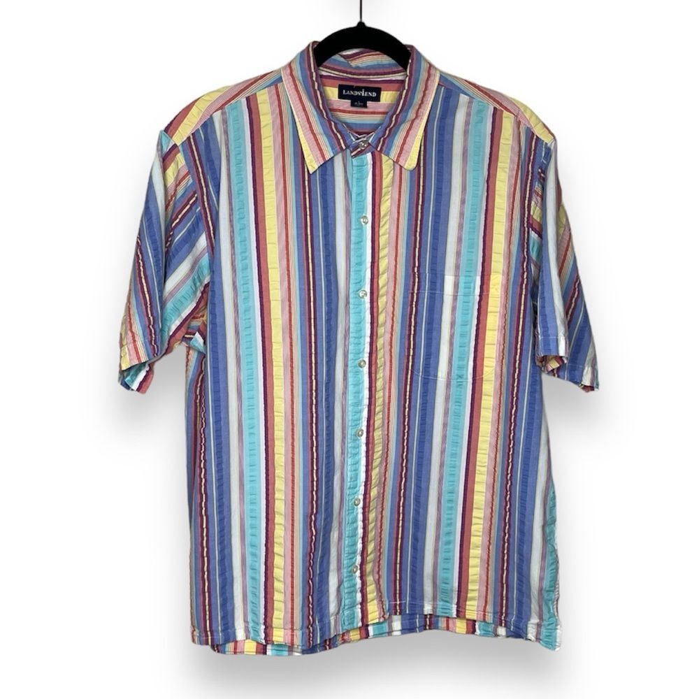 Lands End Seersucker Multicolor Stripe Short Sleeve Button Front Shirt Men Large
